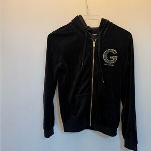 Black Velour Zip-Up Hoodie with Embellished G Logo